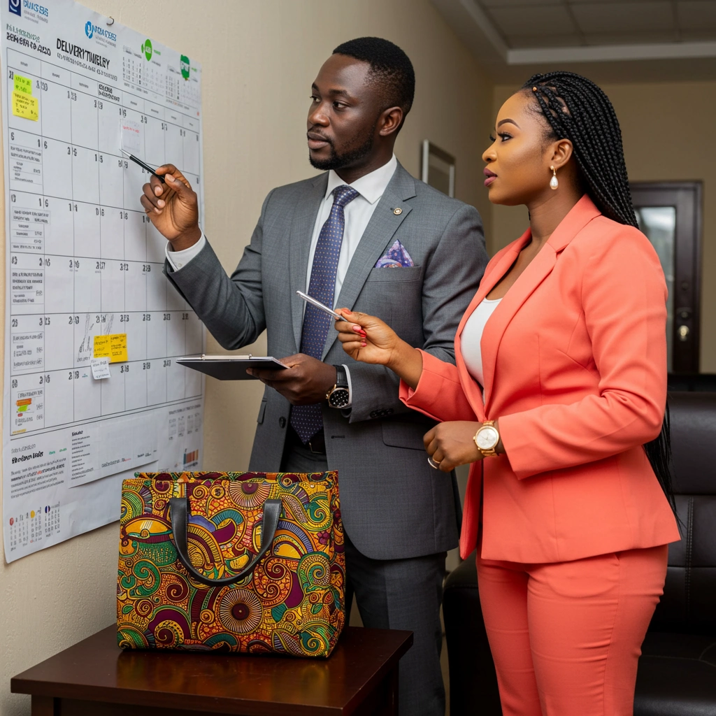 A Nigerian man and woman in a professional setting, discussing delivery timelines over a calendar with Ankara bags on display nearby.