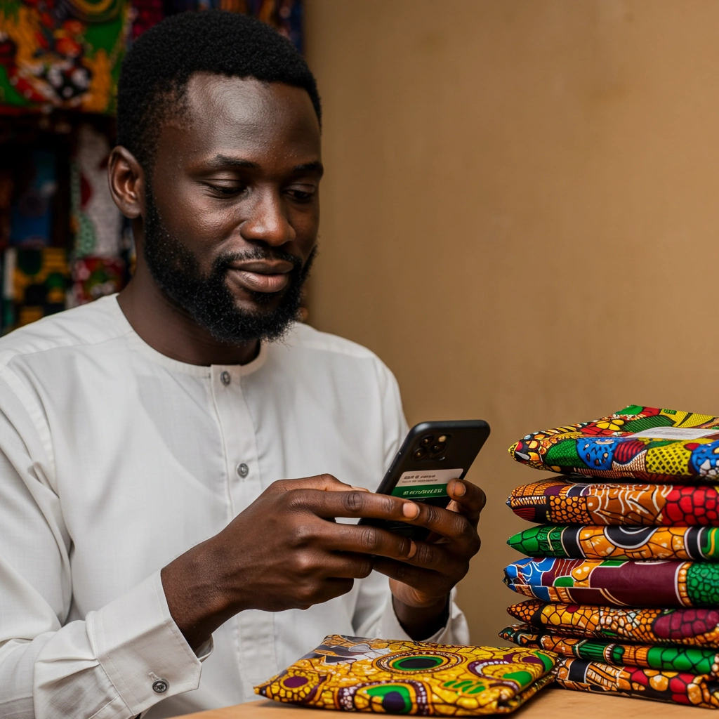 A Nigerian business owner making a mobile transfer.
