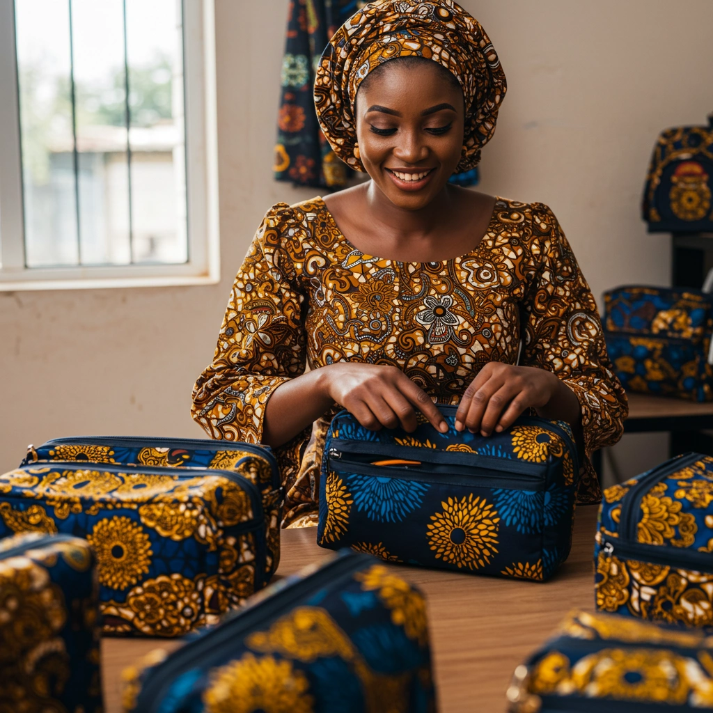 A Nigerian woman carefully inspecting handmade Ankara bags one by one on a table, checking zippers and stitching details.