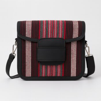 Front view of an African print Aso Oke side bag with red, black, and silver vertical stripes, black leather flap, and shoulder strap on a white background.