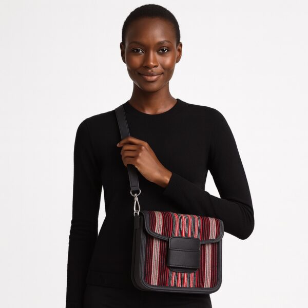 Confident African woman in a black sweater showcasing a red-striped Aso Oke side bag worn on the shoulder.