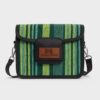 Front-facing image of a green-striped Aso Oke side bag with the "African Things" brown leather brand patch on the flap.