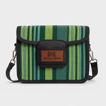 Front-facing image of a green-striped Aso Oke side bag with the "African Things" brown leather brand patch on the flap.