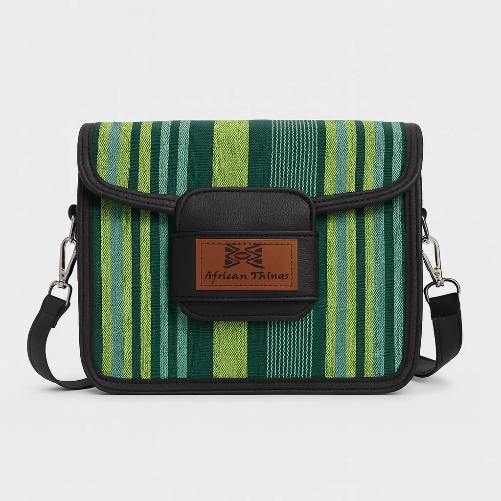 Front-facing image of a green-striped Aso Oke side bag with the "African Things" brown leather brand patch on the flap.