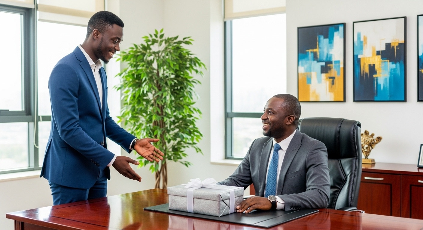 Two Nigerian men in an office, one presenting a gift to his male boss.