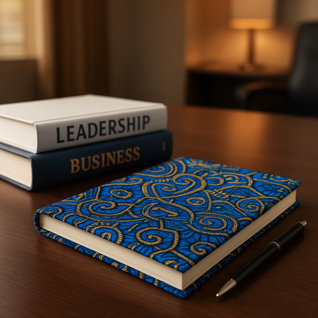 Ankara notebook with a pen alongside books on leadership and business