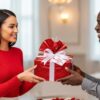 A lady and a man exchanging Valentine's Day gifts