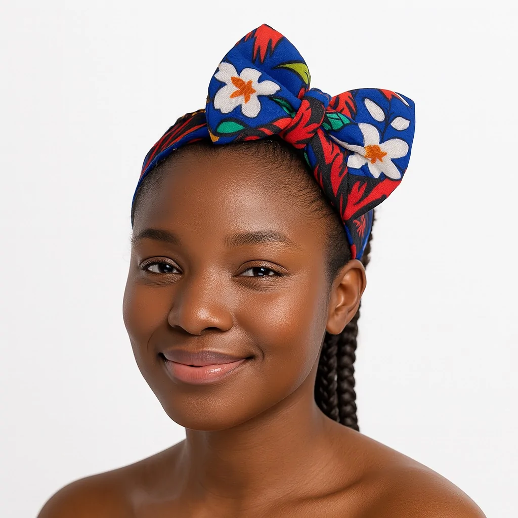 Woman wearing a blue Ankara/African print bow hairband with white floral patterns.