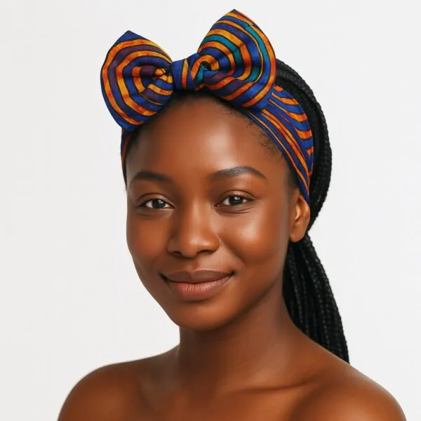 Woman wearing a vibrant striped Ankara/African print bow hairband in orange, blue, and green tones.