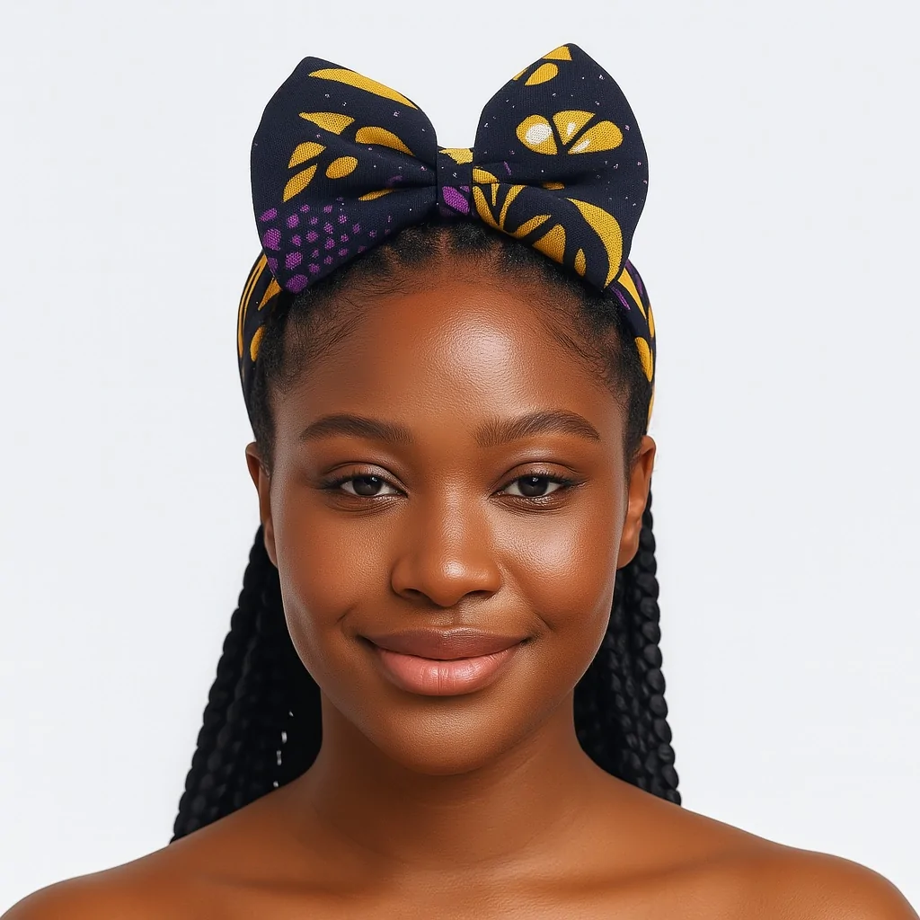 Woman wearing a black and yellow Ankara/African print bow hairband with a subtle smile.