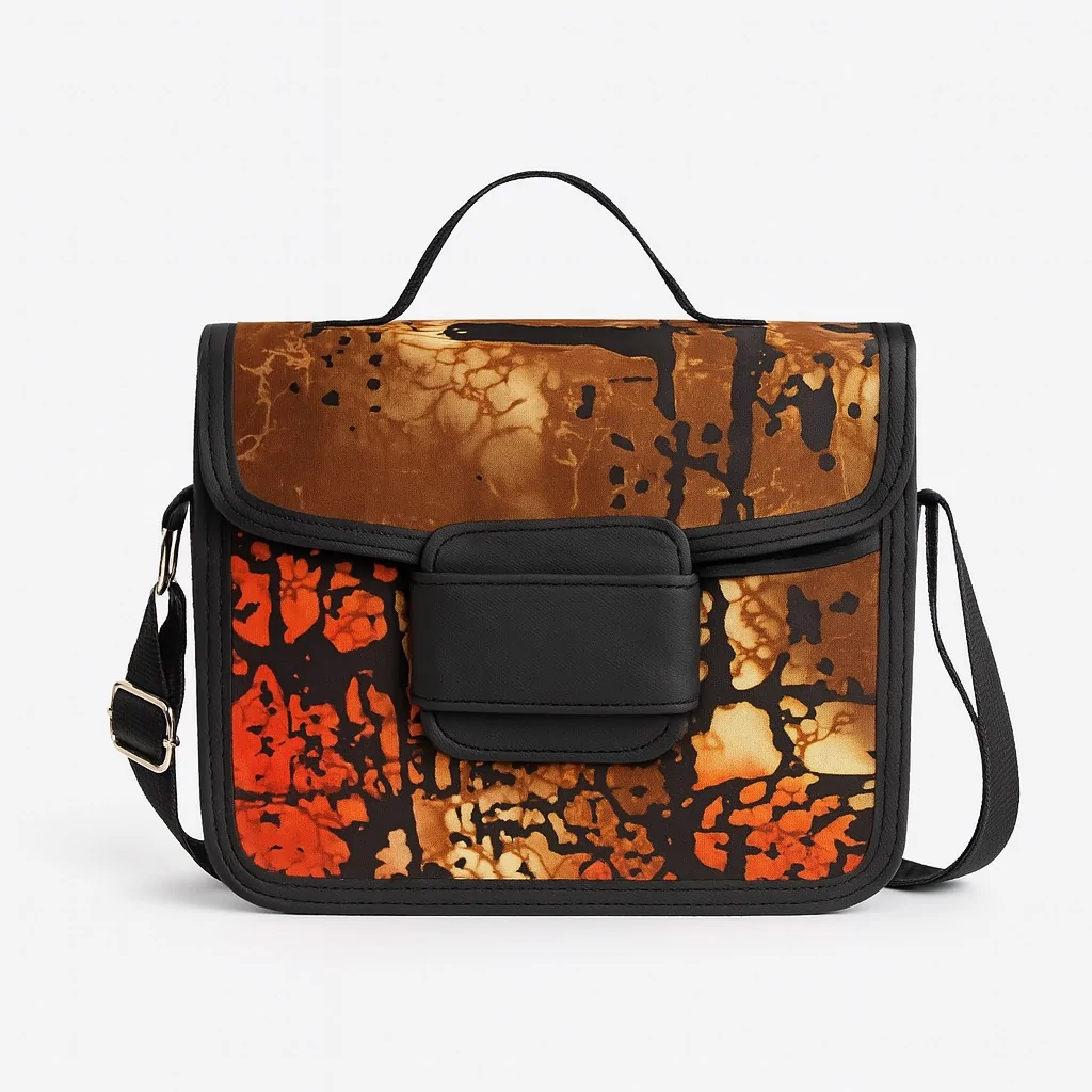Ankara side bag with brown, orange, and black batik-inspired African print.