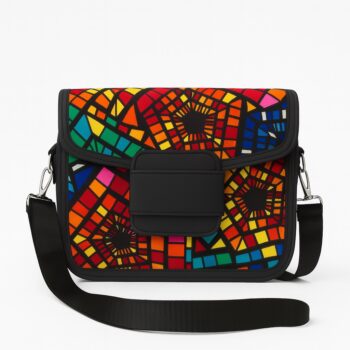 Ankara side bag with vibrant multicolor geometric African print design.
