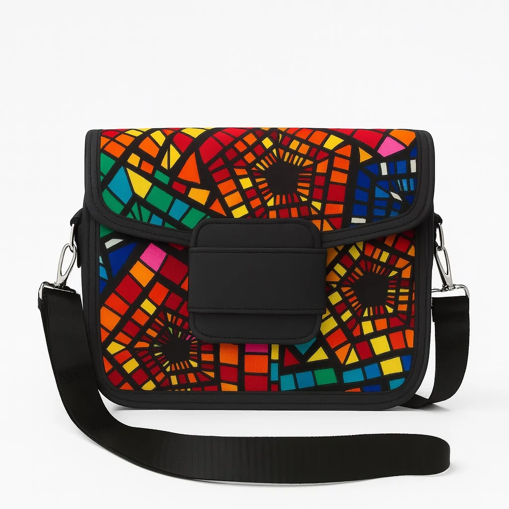 Ankara ladies side bag with vibrant multicolor geometric African print design. Perfect African inspired personalized gift for a girlfriend