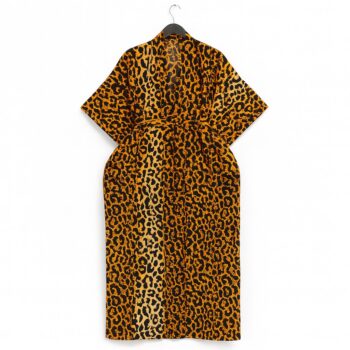 Back view of an orange and black leopard print kimono with a belt.