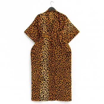 Back view of an orange and black leopard print kimono with a belt.