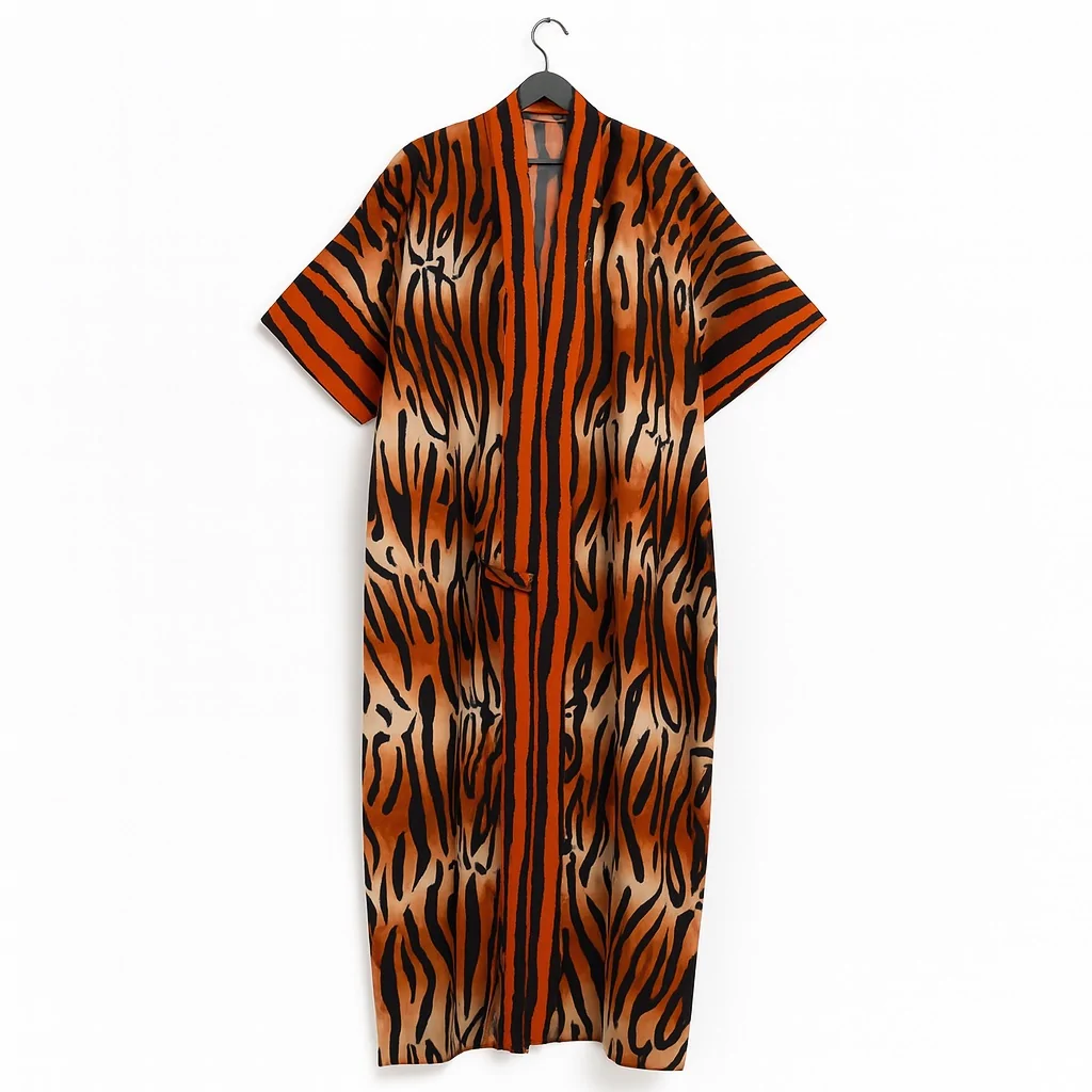 Orange and black tiger-striped kimono with wide sleeves and a front tie on a hanger.