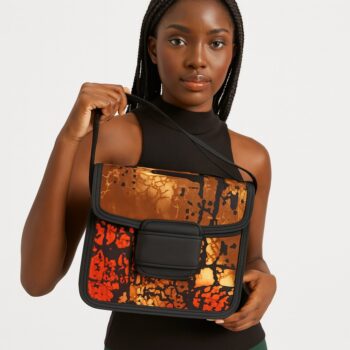 Woman holding a brown and orange Ankara/African print side bag with black trim.