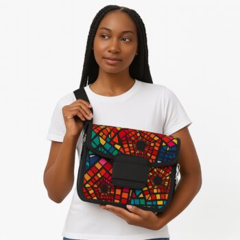 Woman carrying a multicolor geometric Ankara/African print side bag with black trim.