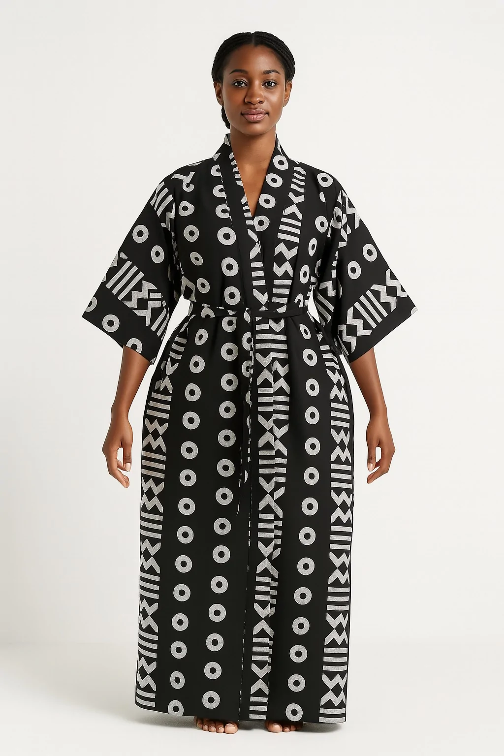 Woman wearing a black kimono with white tribal patterns, standing barefoot.