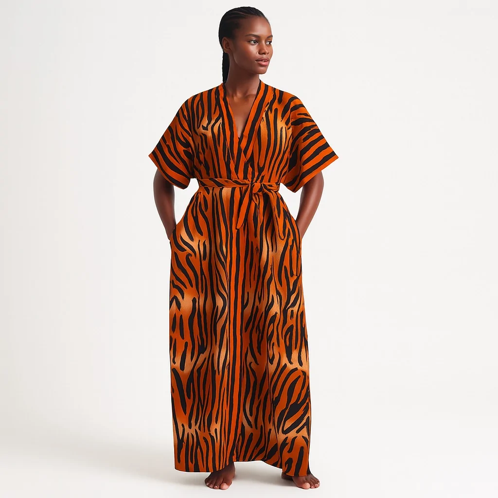 Woman wearing an orange and black tiger-striped kimono with a tied belt, posing barefoot.