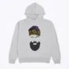 Grey African print unisex hoodie with beard and headwrap design.