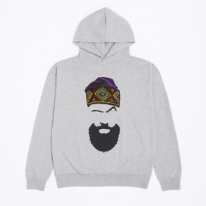 Grey African print unisex hoodie with beard and headwrap design.