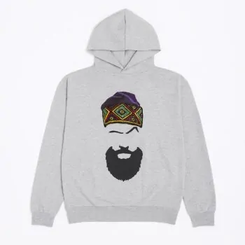 Grey African print unisex hoodie with beard and headwrap design.