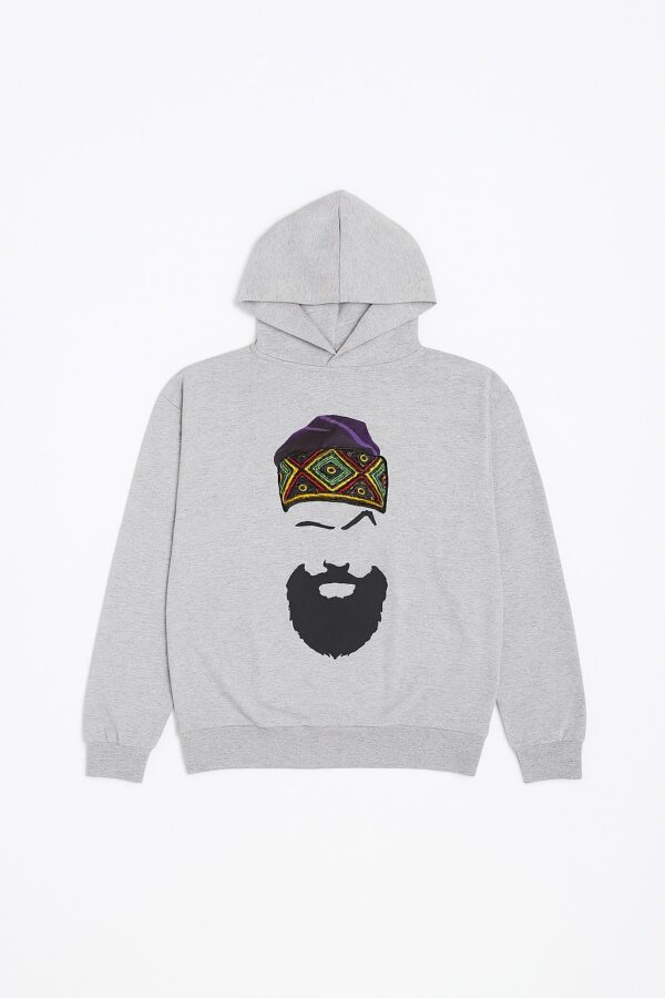 Grey African print unisex hoodie with beard and headwrap design.