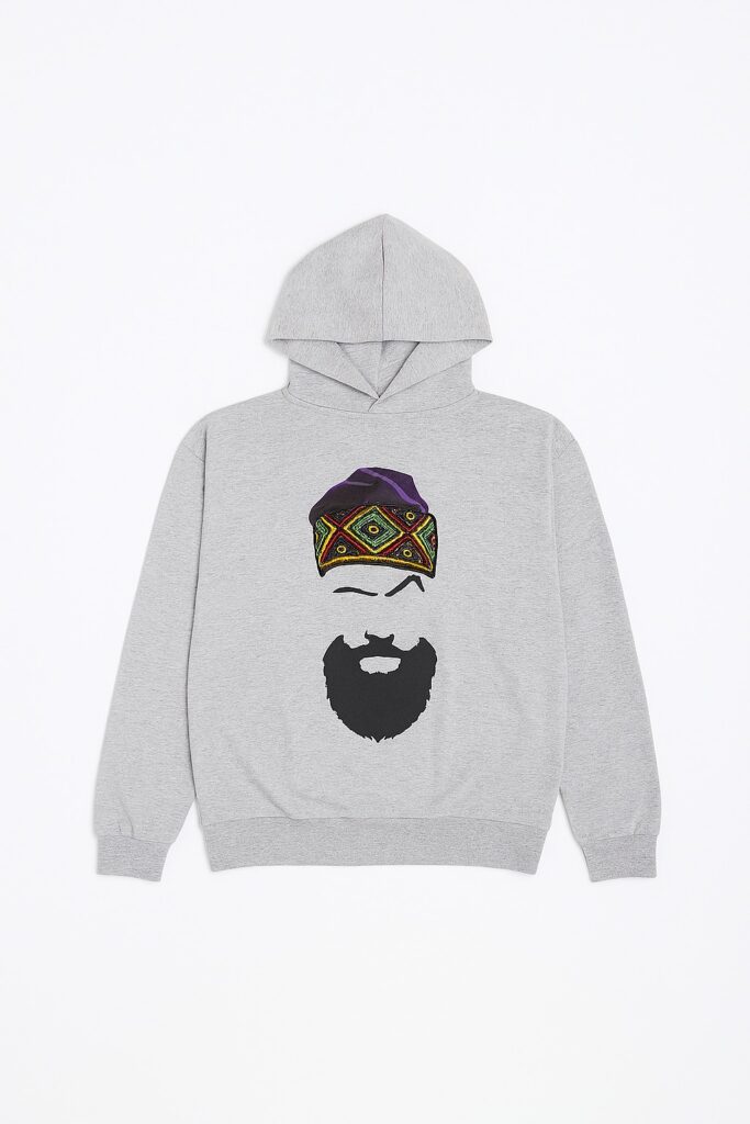 Grey African print unisex hoodie with beard and headwrap design.