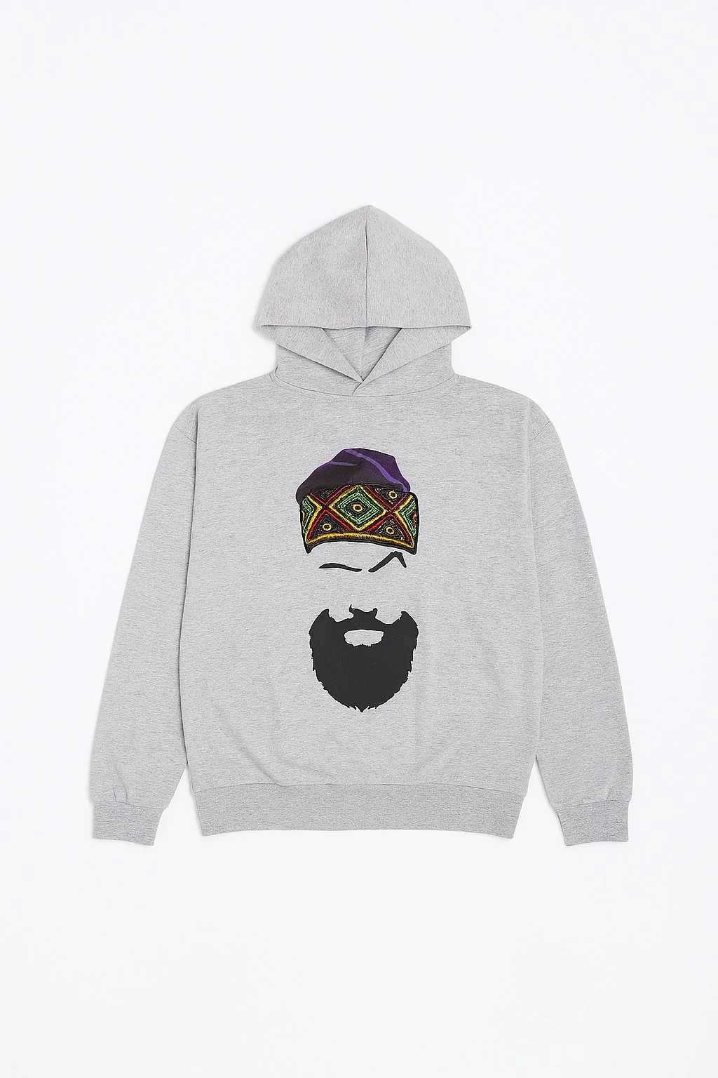 Grey African print unisex hoodie with beard and headwrap design.