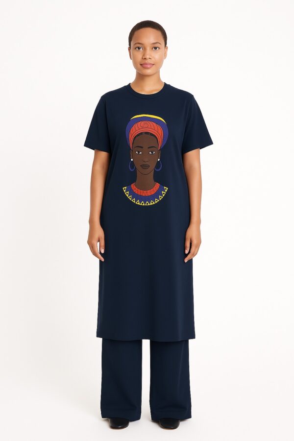 Model wearing African print purple long traditional hoodie and matching pants.