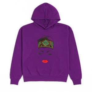 Purple African print unisex hoodie with face and headwrap design.