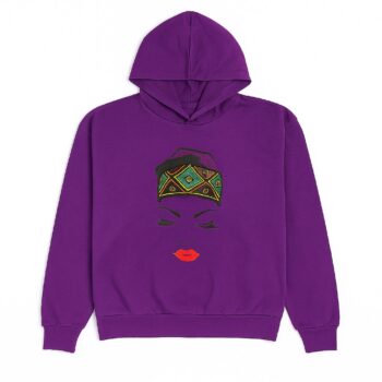 Purple African print unisex hoodie with face and headwrap design.
