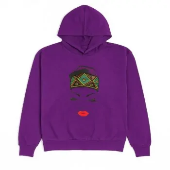 Purple African print unisex hoodie with face and headwrap design.