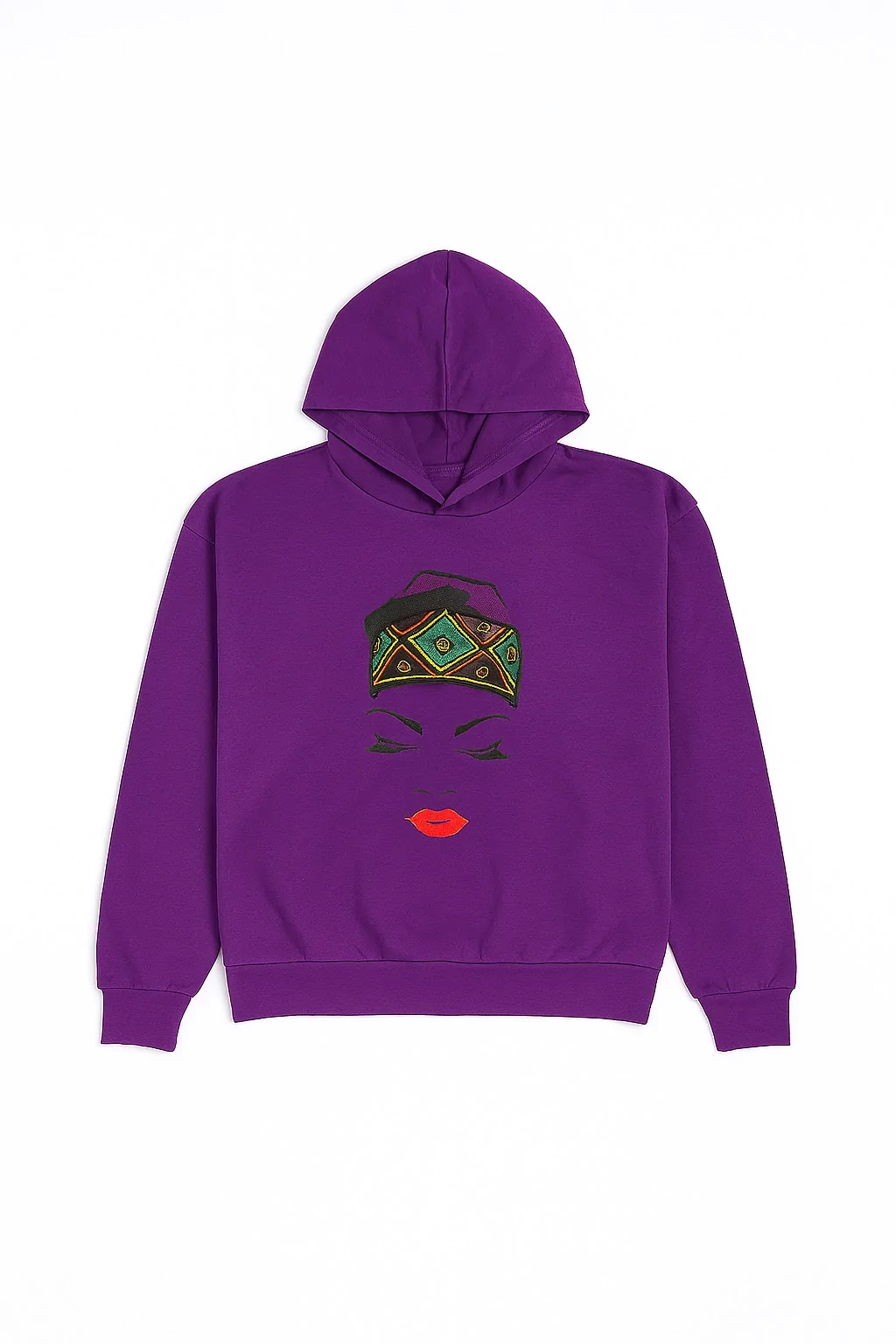 Purple African print unisex hoodie with face and headwrap design.
