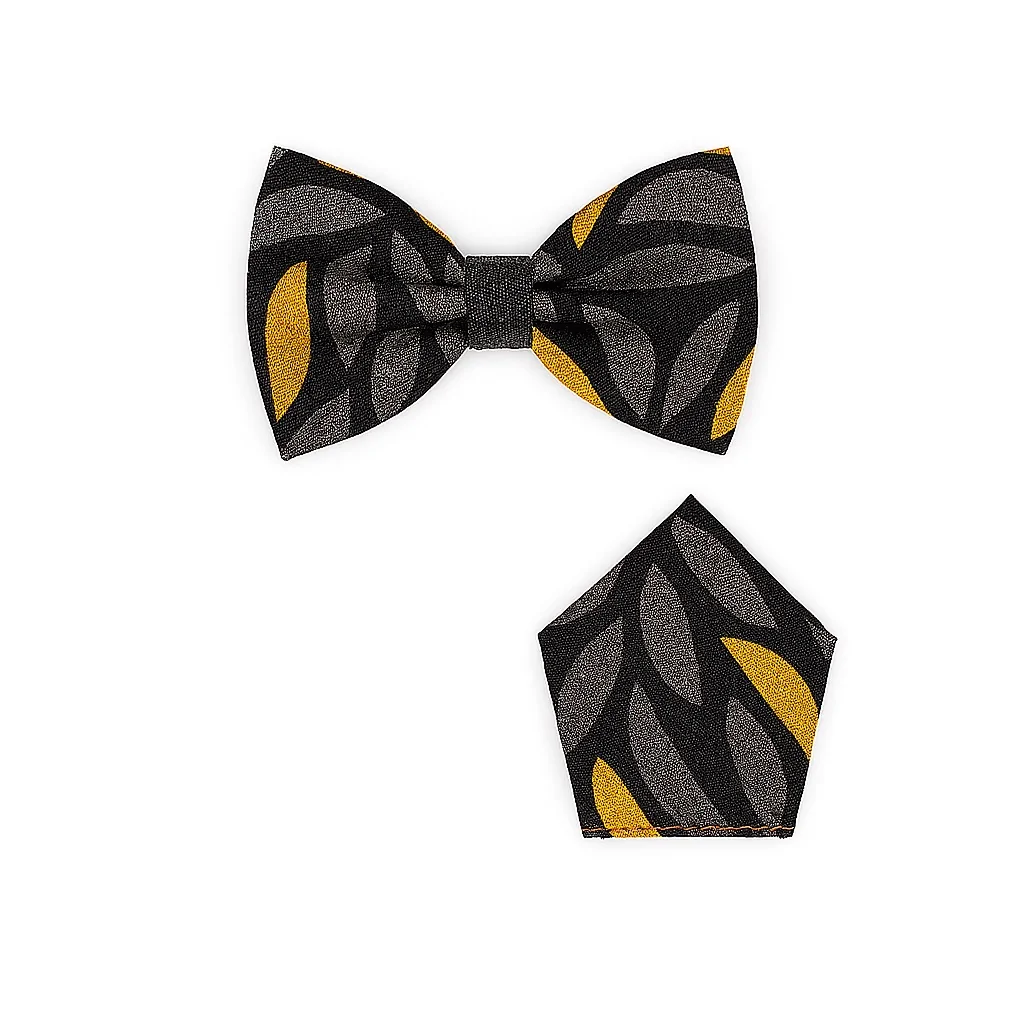 Black and gold African print bow tie and pocket square set.
