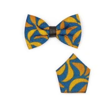 Blue and gold African print bow tie with matching pocket square.