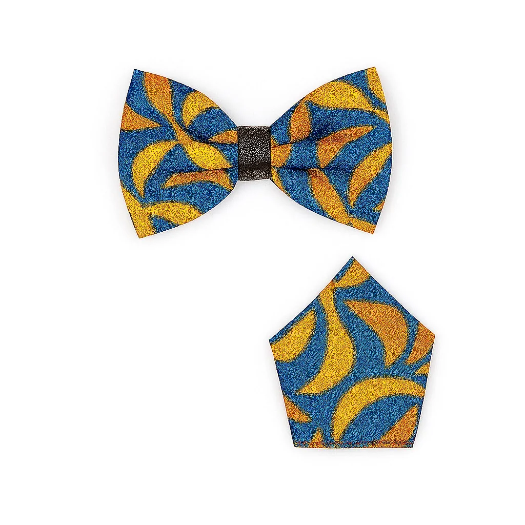 Blue and gold African print bow tie with matching pocket square.