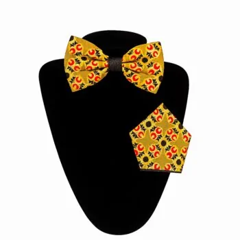 African print bow tie and pocket square set displayed on a black mannequin.