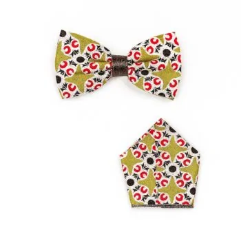 African print bow tie and pocket square set in green, red, and black pattern.