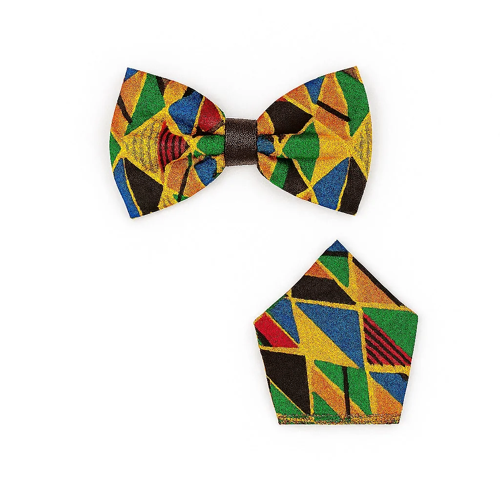 Kente-inspired African print bow tie and pocket square set in multicolor.