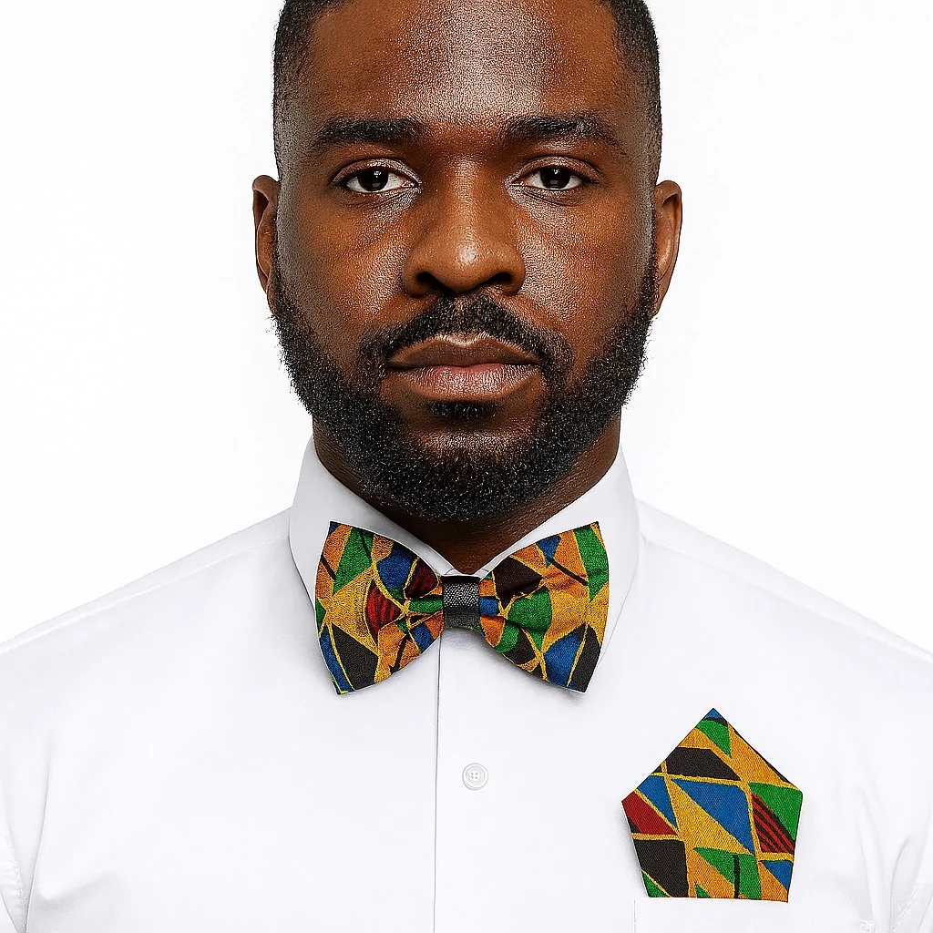 Man wearing kente African print bow tie and matching pocket square with white shirt.
