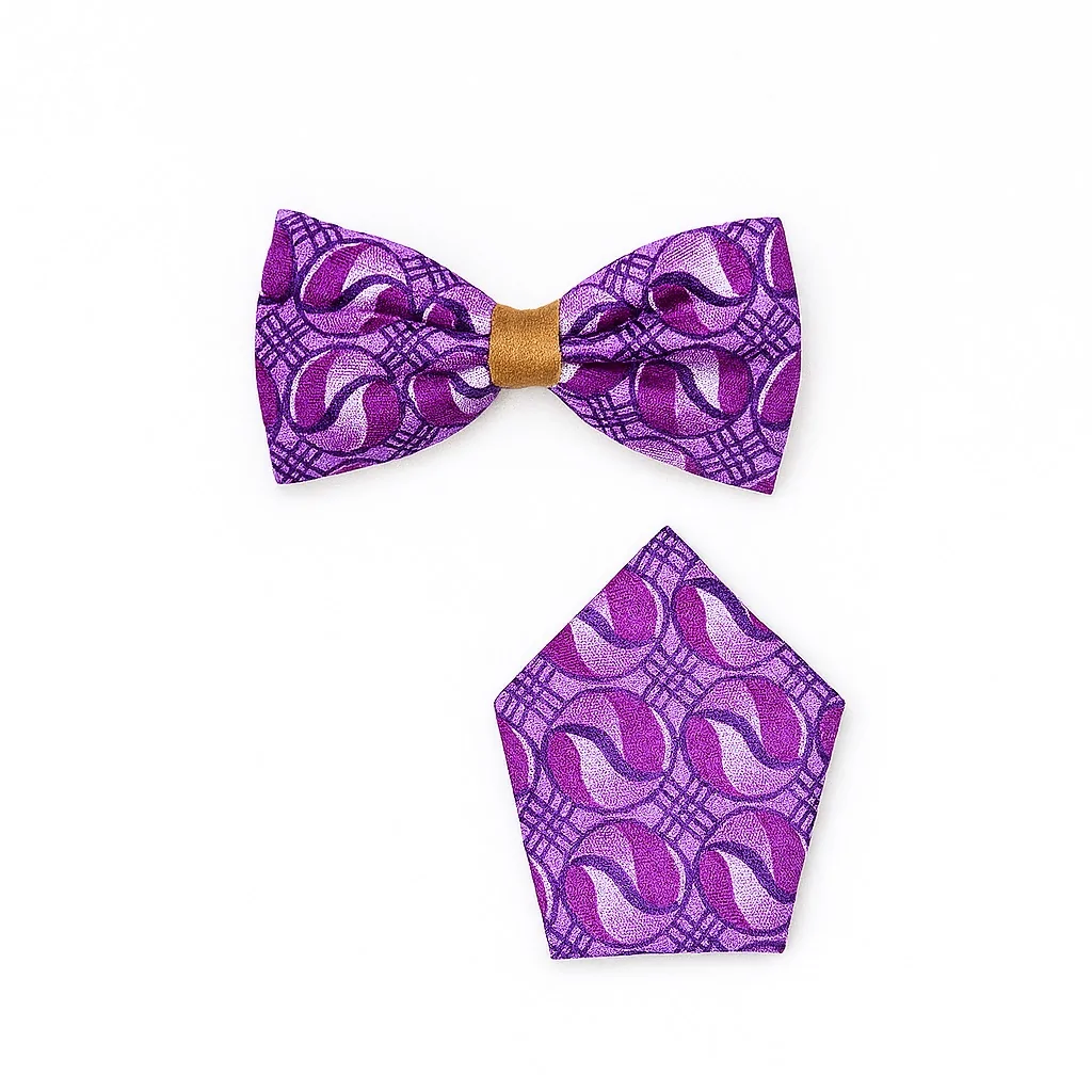 Purple African print bow tie and matching pocket square with gold center.