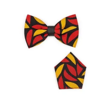 Red, yellow, and black African print bow tie with pocket square.