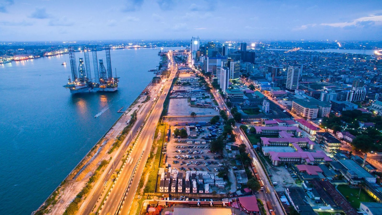 Dynamic cityscape of Lagos, Nigeria at dusk, a top African city for young professionals.