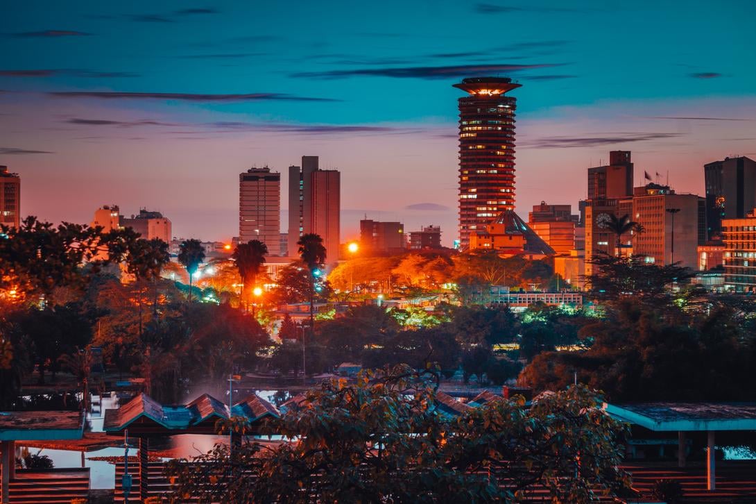 Nairobi, Kenya skyline at sunset, showcasing a thriving city for young professionals in Africa.