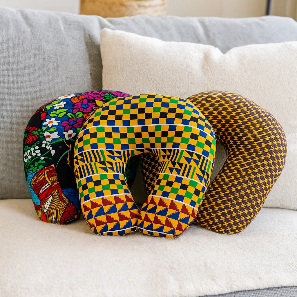 Vibrant African print neck pillows on a cushion in a living room.