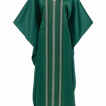 Green African bubu kaftan gown with vertical white and green stripe pattern.