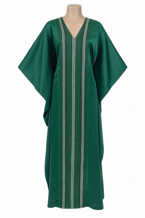 Green African bubu kaftan gown with vertical white and green stripe pattern.