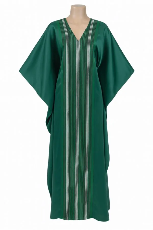 Green African bubu kaftan gown with vertical white and green stripe pattern.